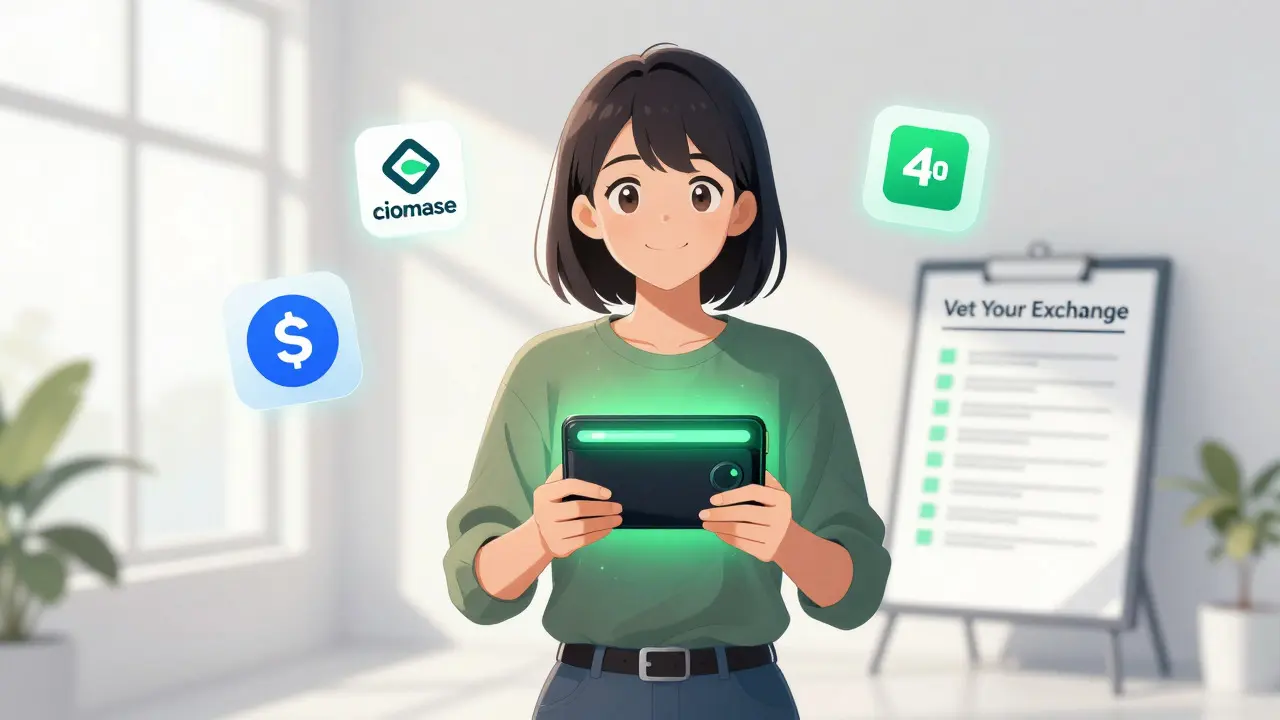 Happy user holding secure wallet near safe exchange icons
