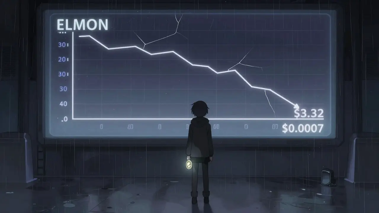 Lone anime character holding a dim coin amidst a silent, declining market.