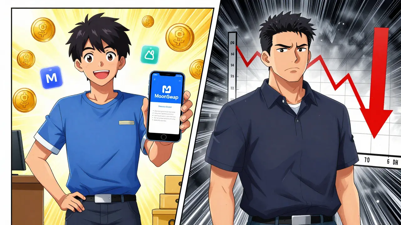 Manga style comparison of happy small trader vs worried whale investor