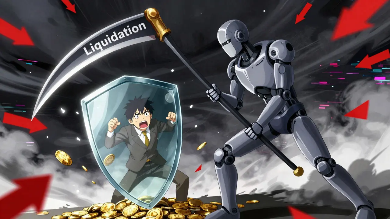 Robot executioner striking a glass shield protecting coins in anime style.