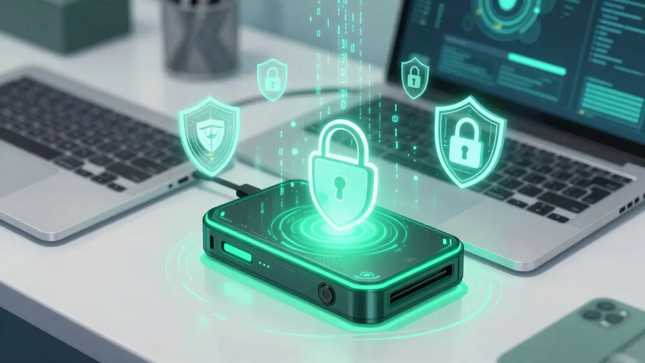 Secure hardware wallet glowing green on a desk with digital security shields