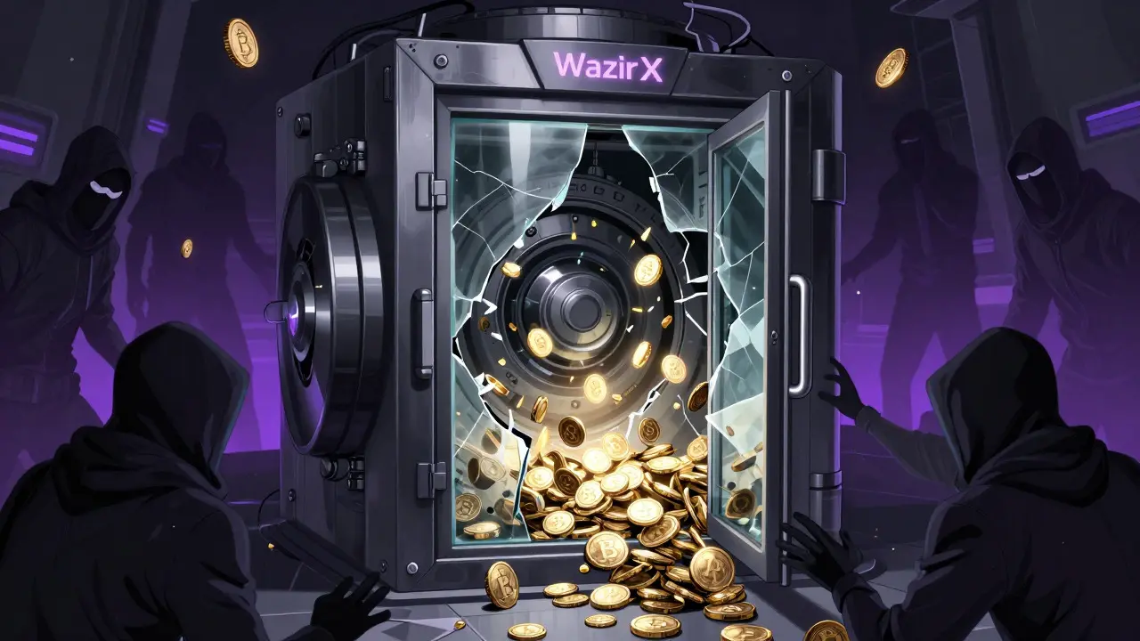 Shattered digital vault with coins spilling out, symbolizing a hack
