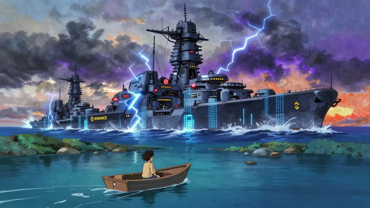 Small boat drifting near massive cyberpunk exchange ships