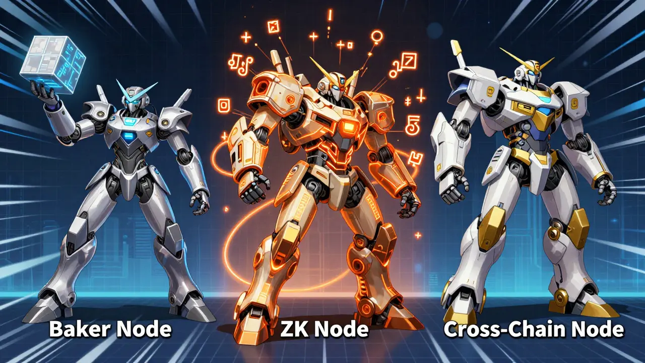 Three distinct robotic node guardians representing Baker, ZK, and Cross-Chain roles