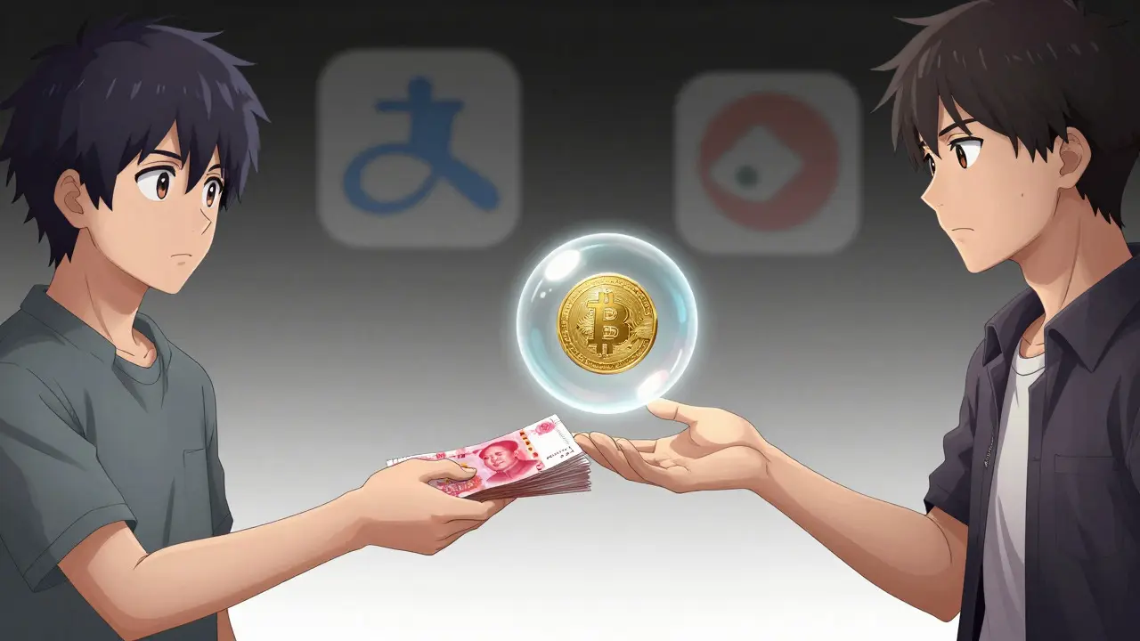 Two people exchanging cash for a glowing Bitcoin in a digital P2P trade