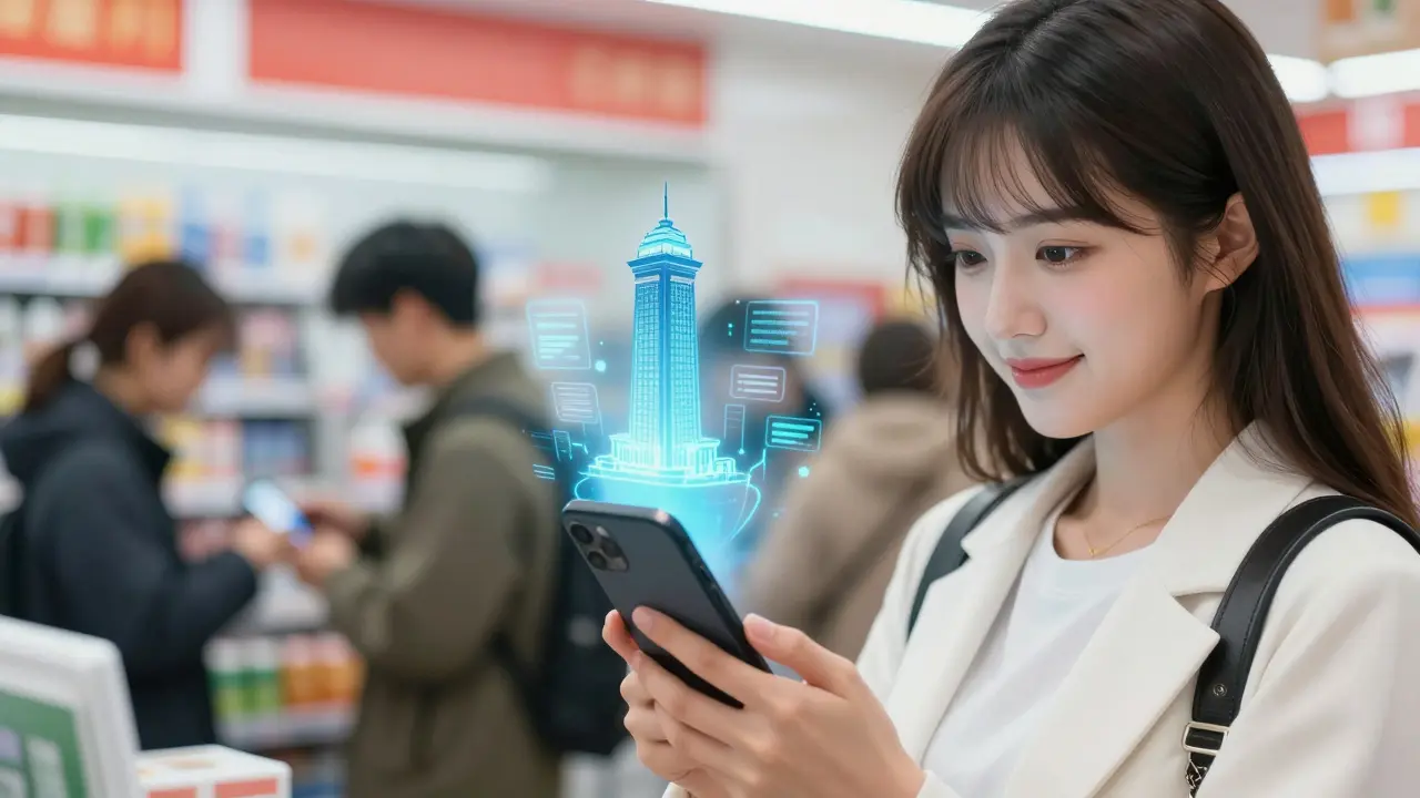 Young woman using e-CNY app at store with data streams to central bank