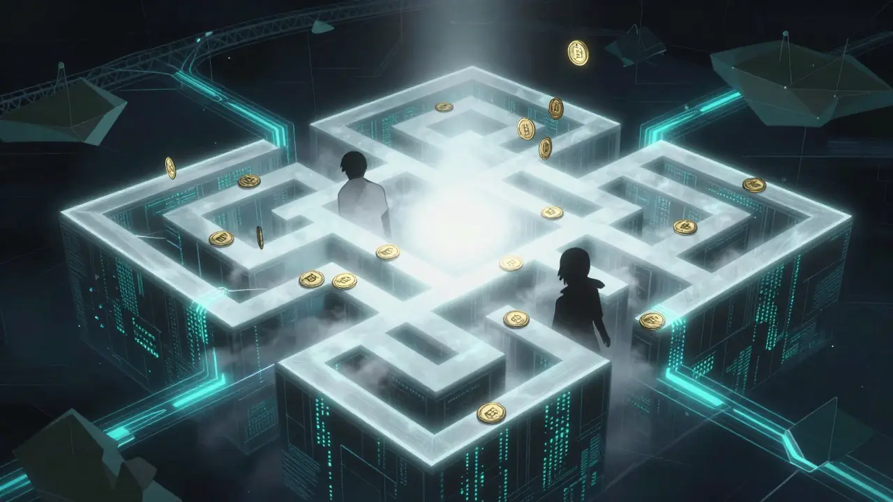 Abstract anime visualization of crypto laundering through blockchain mazes
