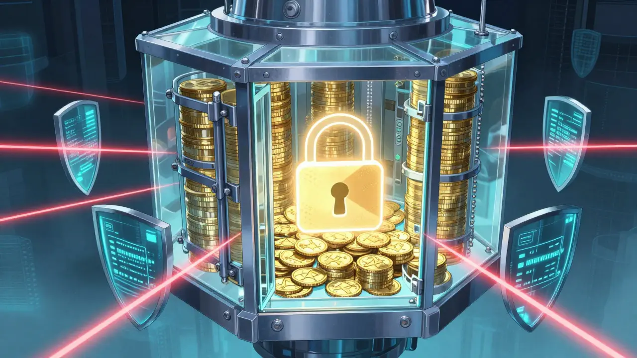 Anime art of a secure digital vault protecting gold coins from hackers