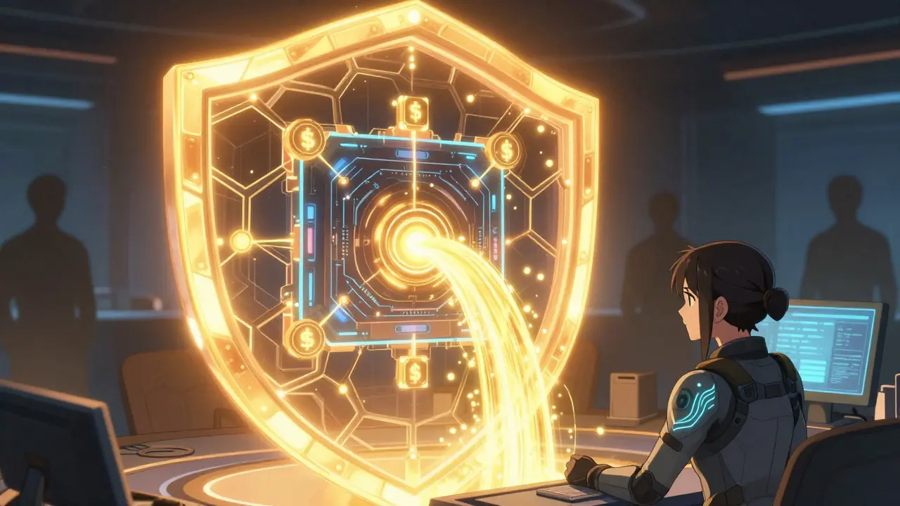 Anime art showing a glowing shield protecting a digital core with flowing golden energy streams