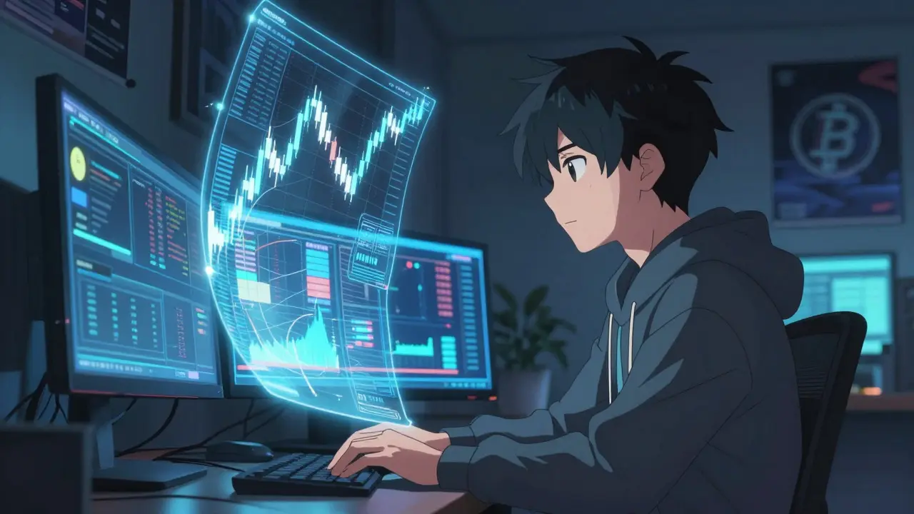 Anime character analyzing glowing holographic trading charts at a high-tech desk