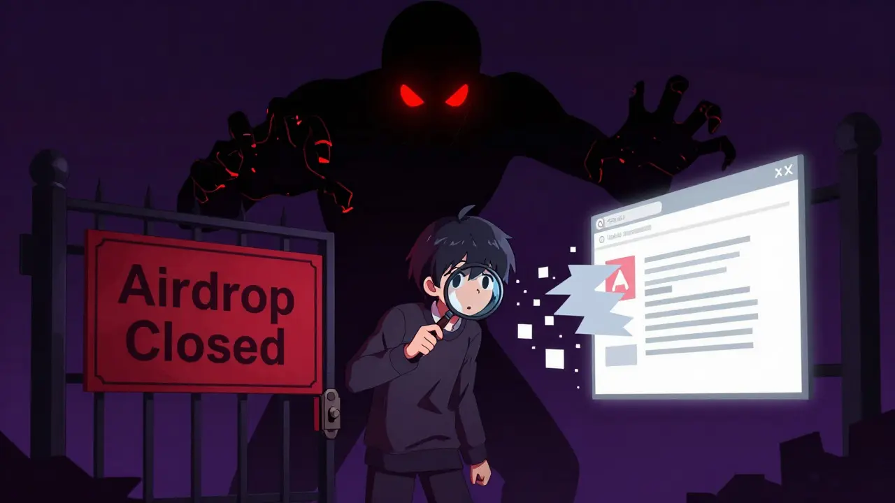 Anime character avoiding shadowy scammer near a closed airdrop gate