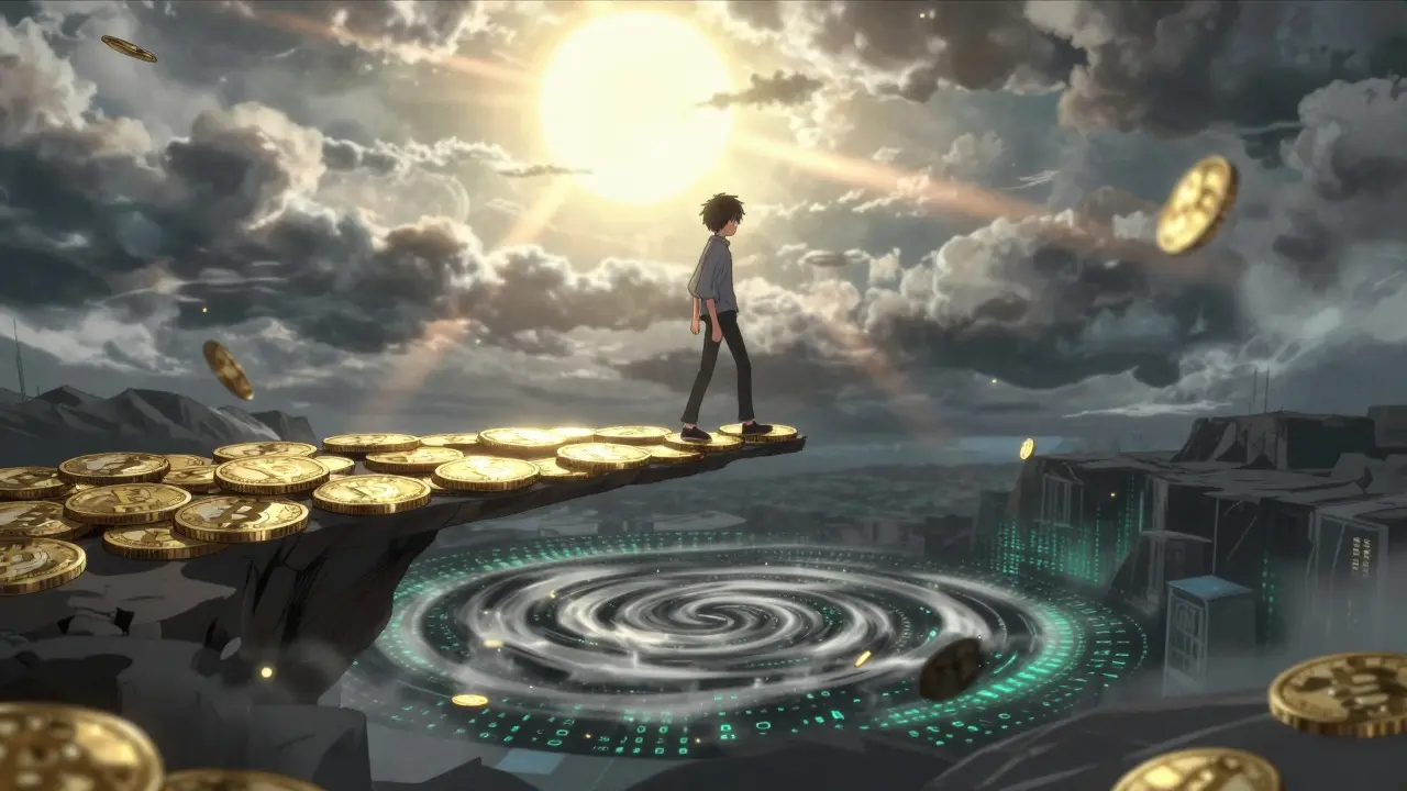 Anime character balancing on coins over a risky digital abyss