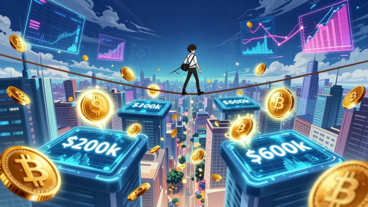 Anime character balancing on rope over crypto value thresholds