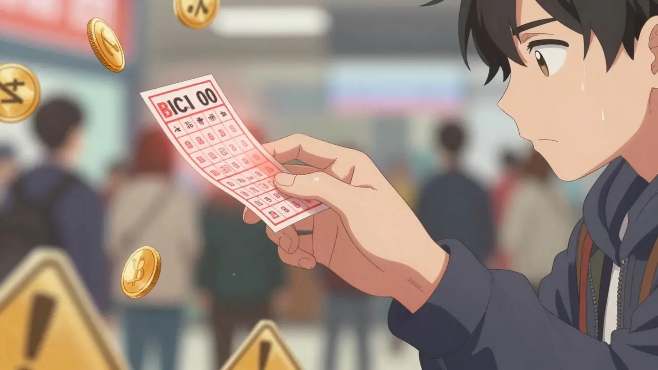 Anime character hesitating to pick up a glowing lottery ticket turning into a coin