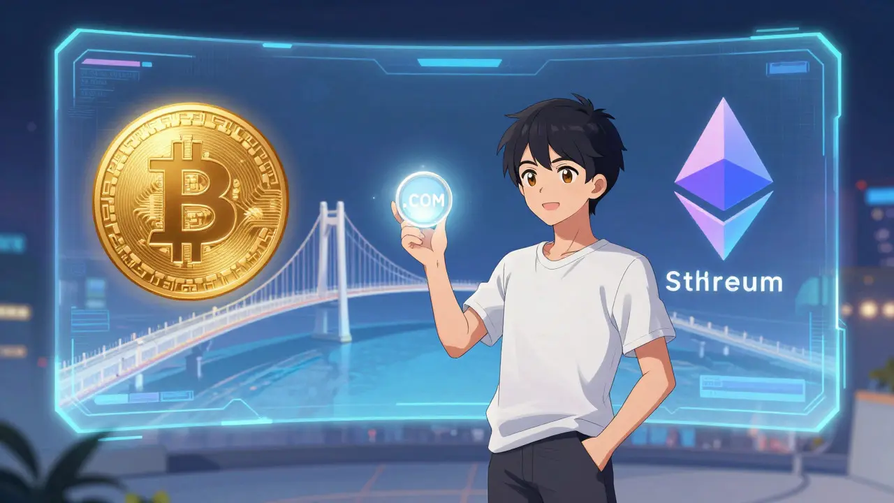 Anime character holding a glowing .COM token before a holographic cross-chain bridge.