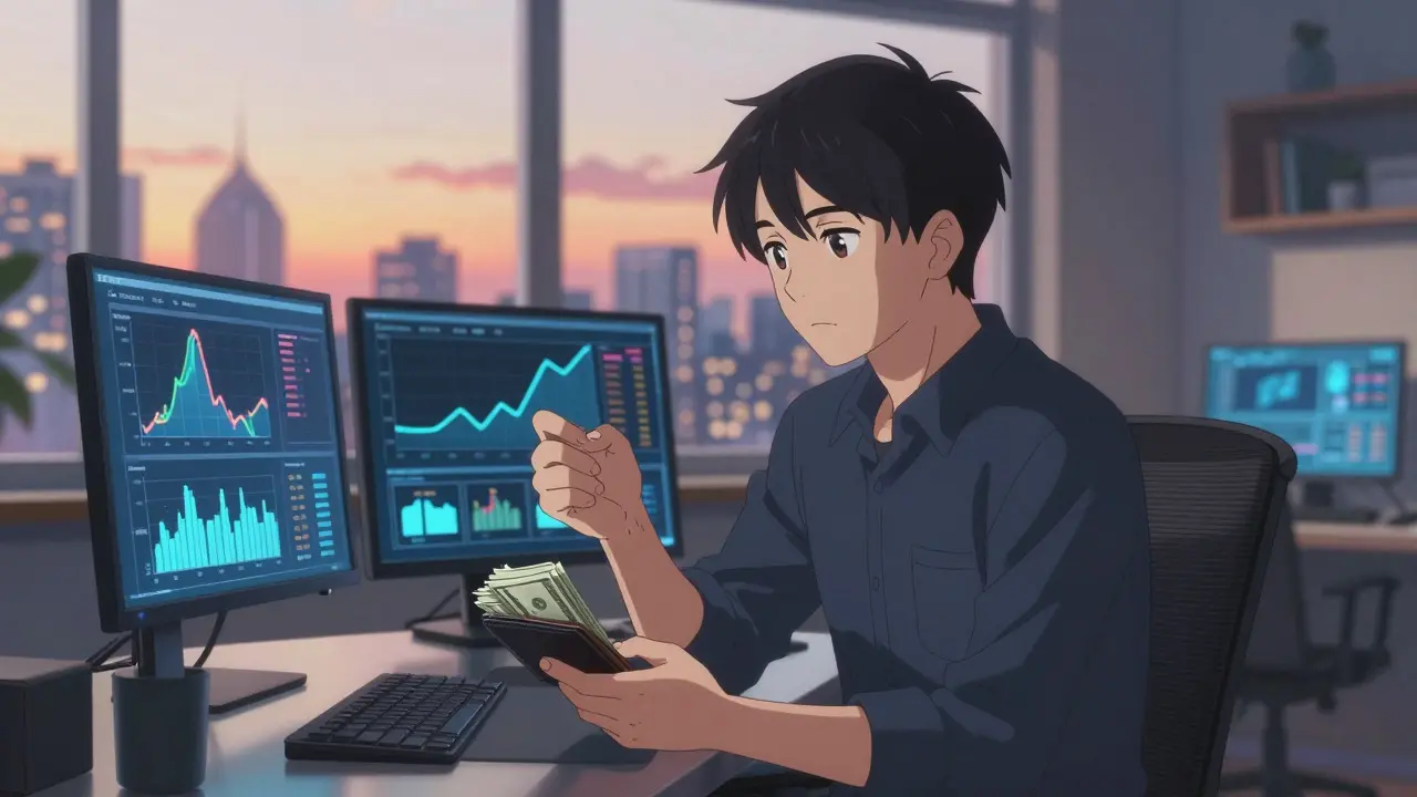 Anime character holding cash and a hardware wallet while analyzing market data