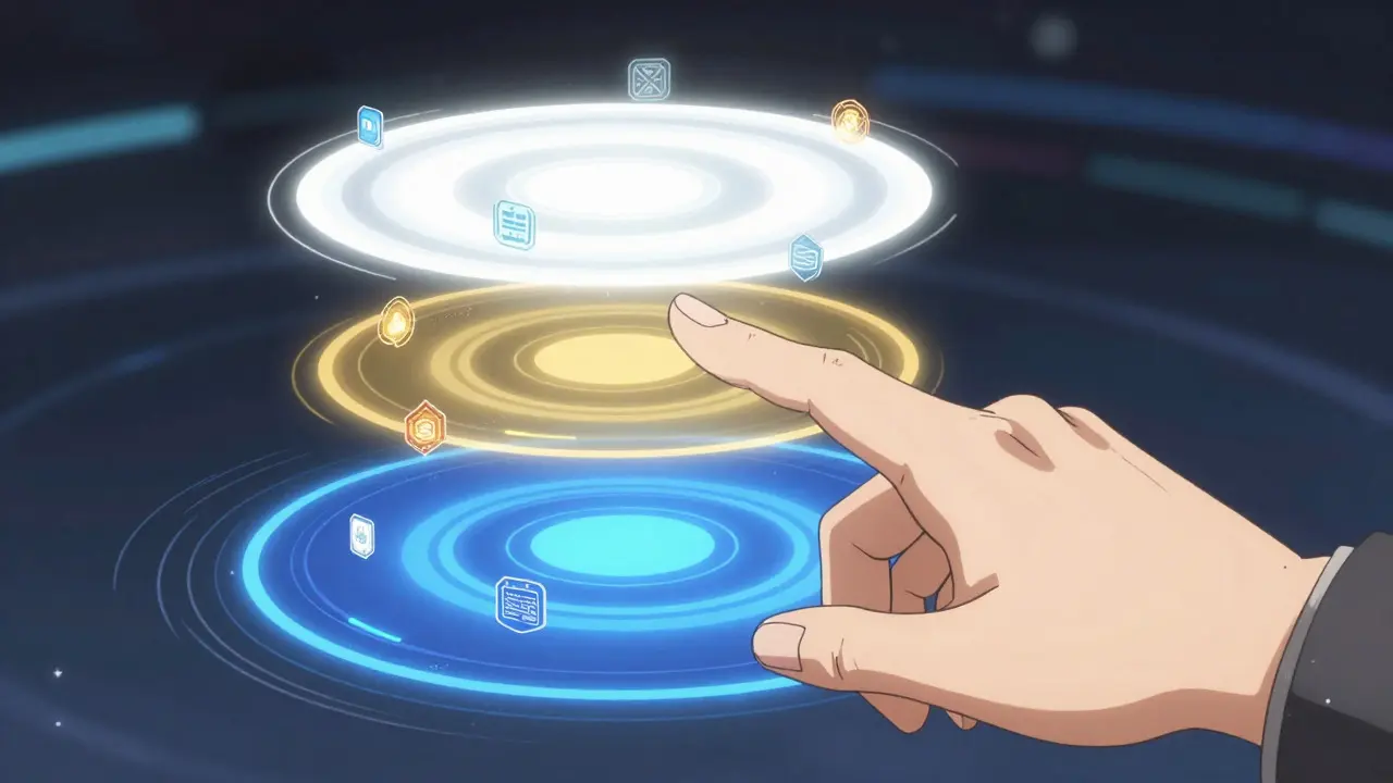 Anime character manipulating layered holographic interfaces representing blockchain and token systems.