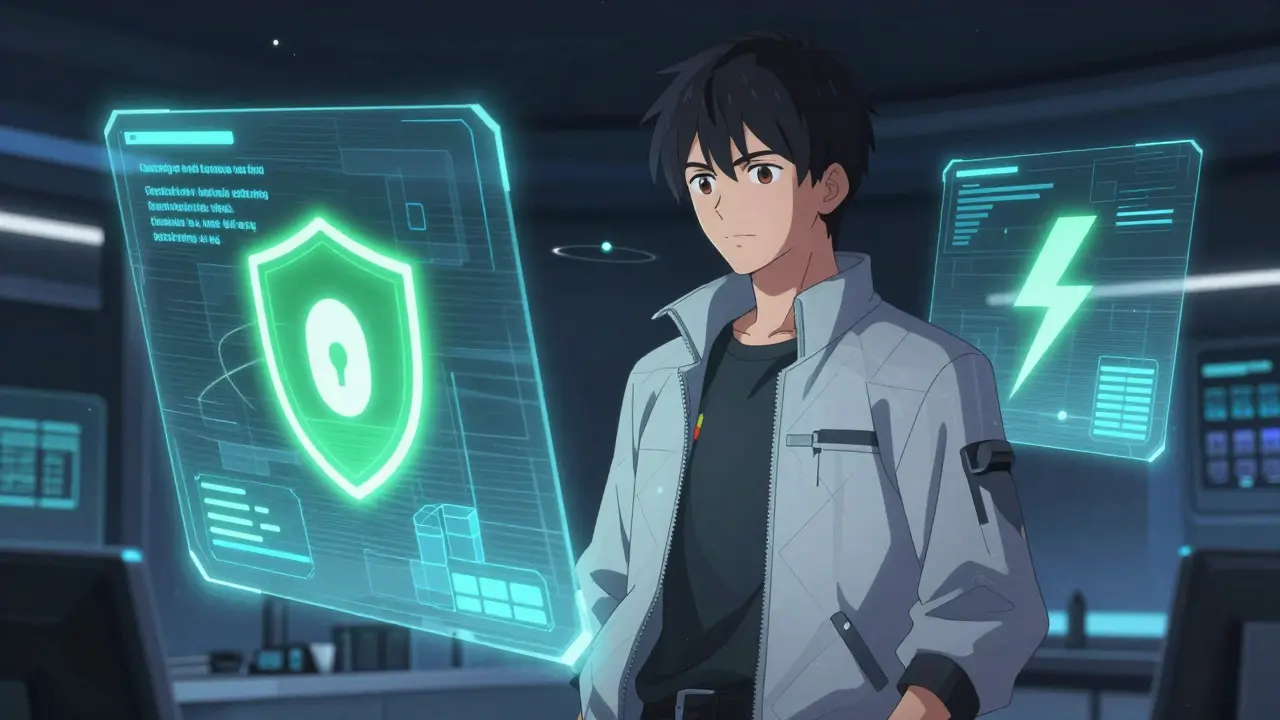 Anime character of a developer interacting with holographic blockchain verification screens