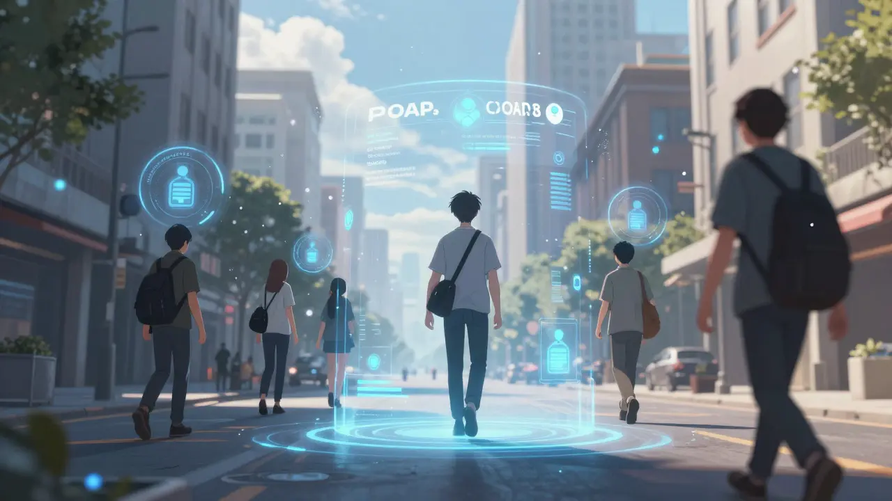 Anime characters in a city with floating digital identity halos