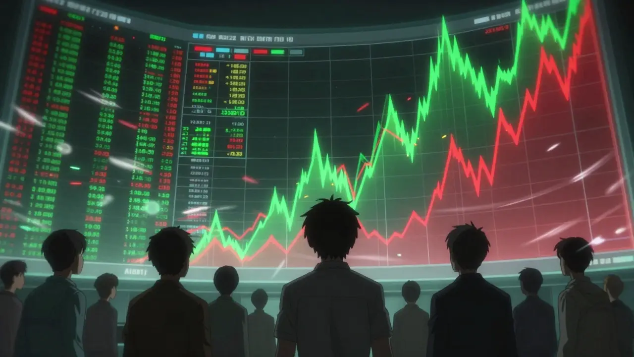 Anime characters watching volatile crypto charts on big screens