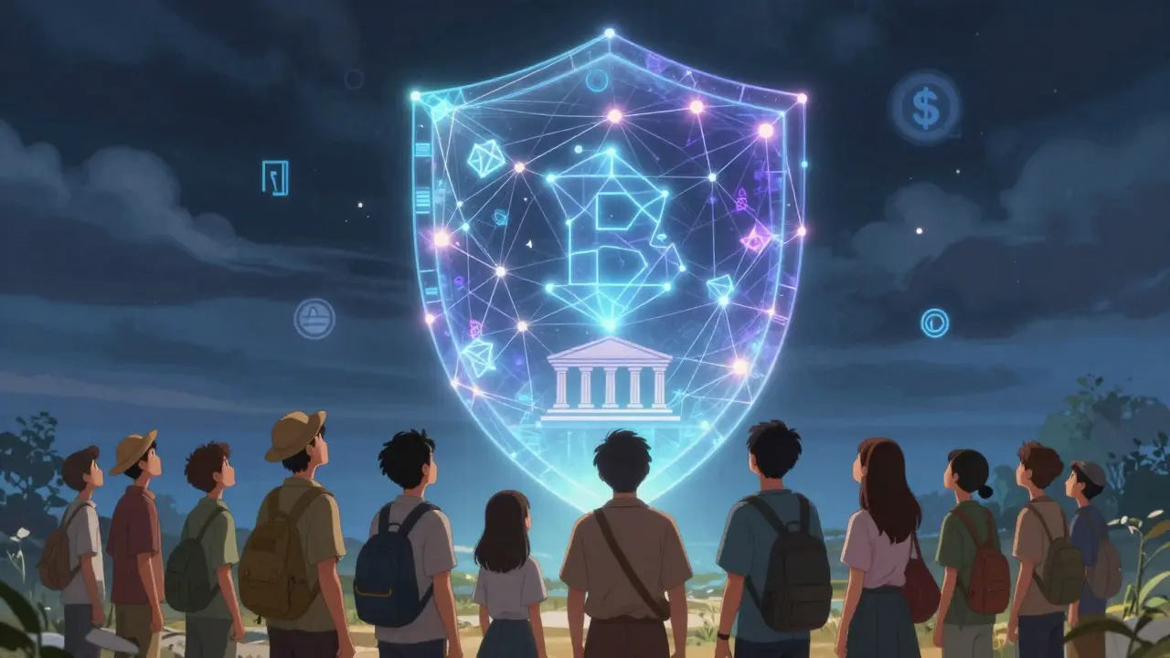 Anime crowd protected by glowing blockchain shield against economic instability