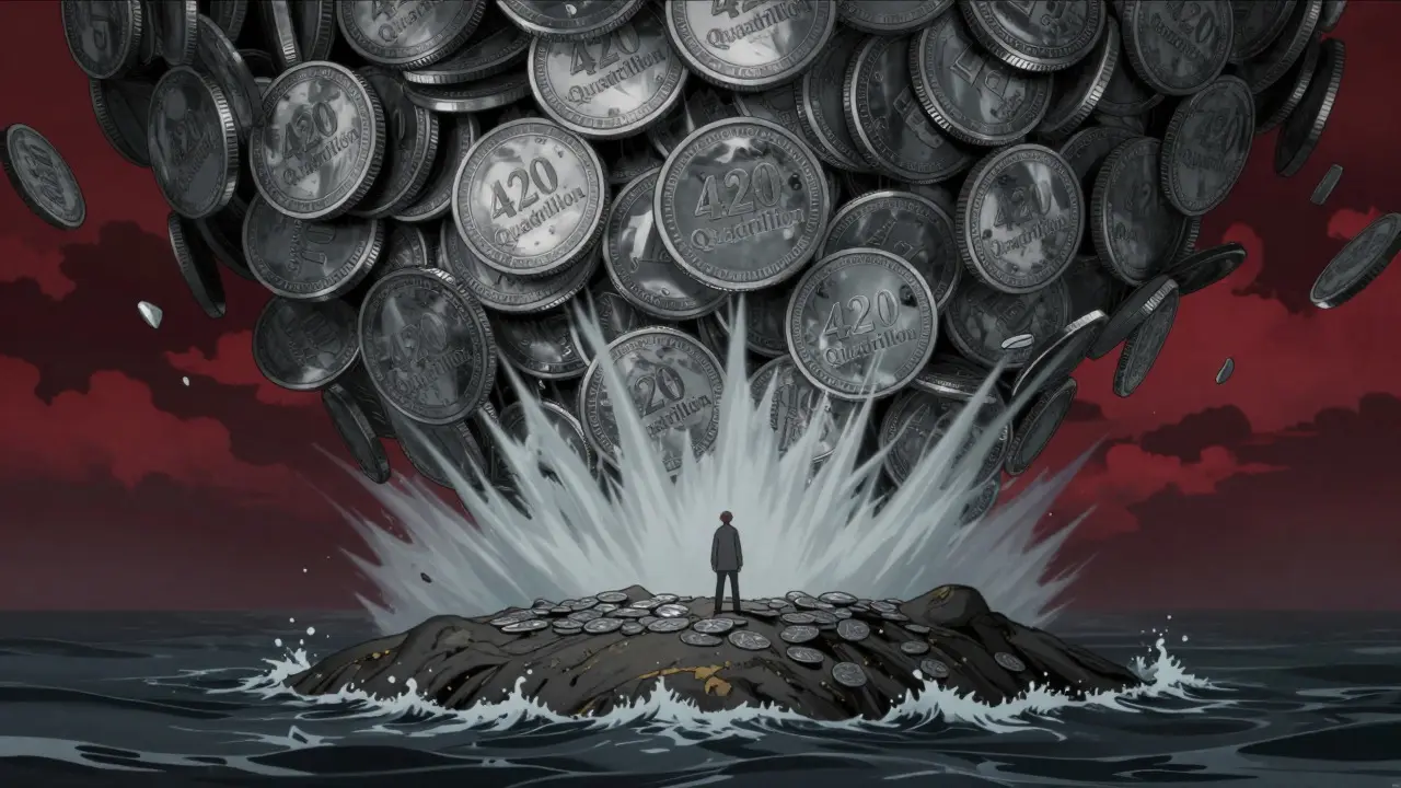 Anime figure overwhelmed by a tsunami of crypto coins