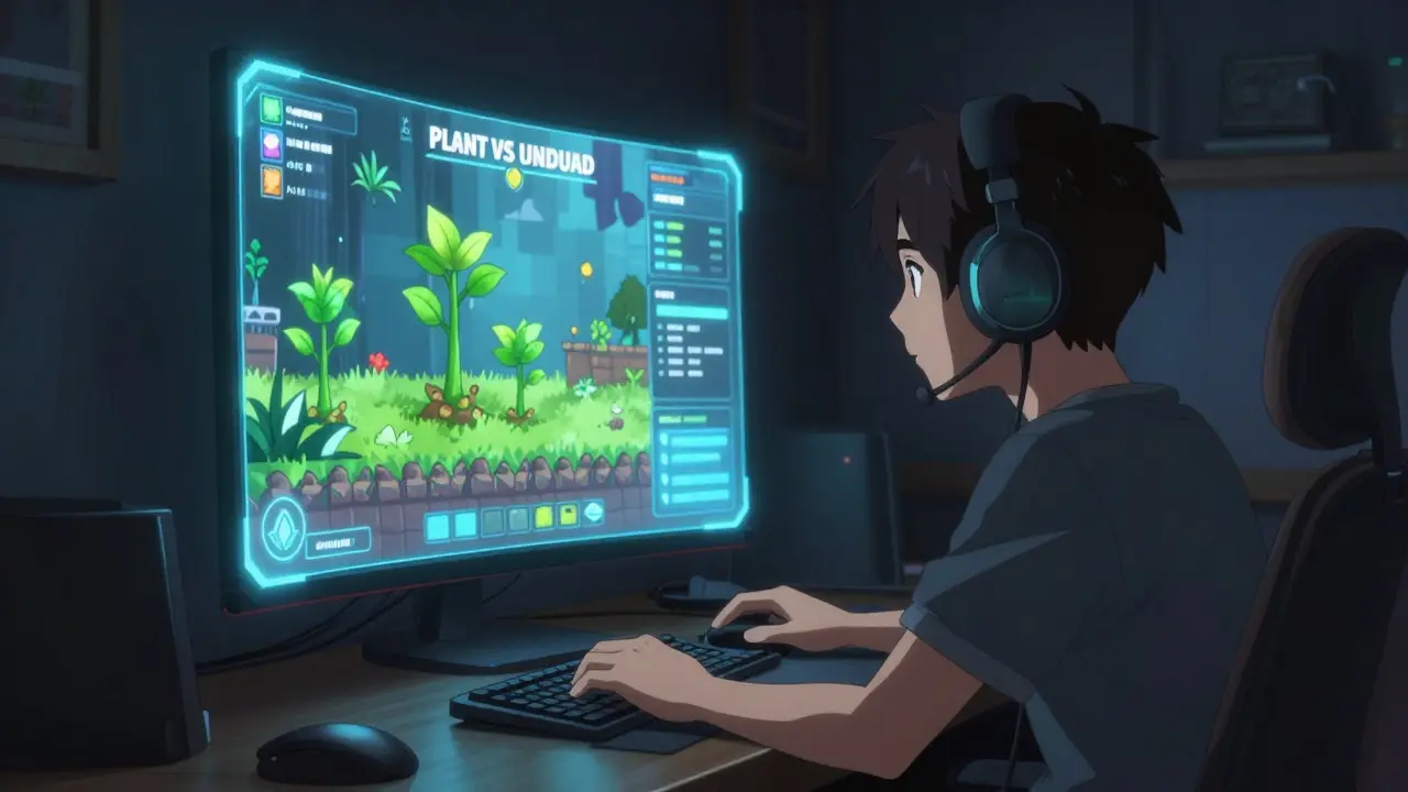 Anime gamer playing Plant vs Undead on a holographic screen
