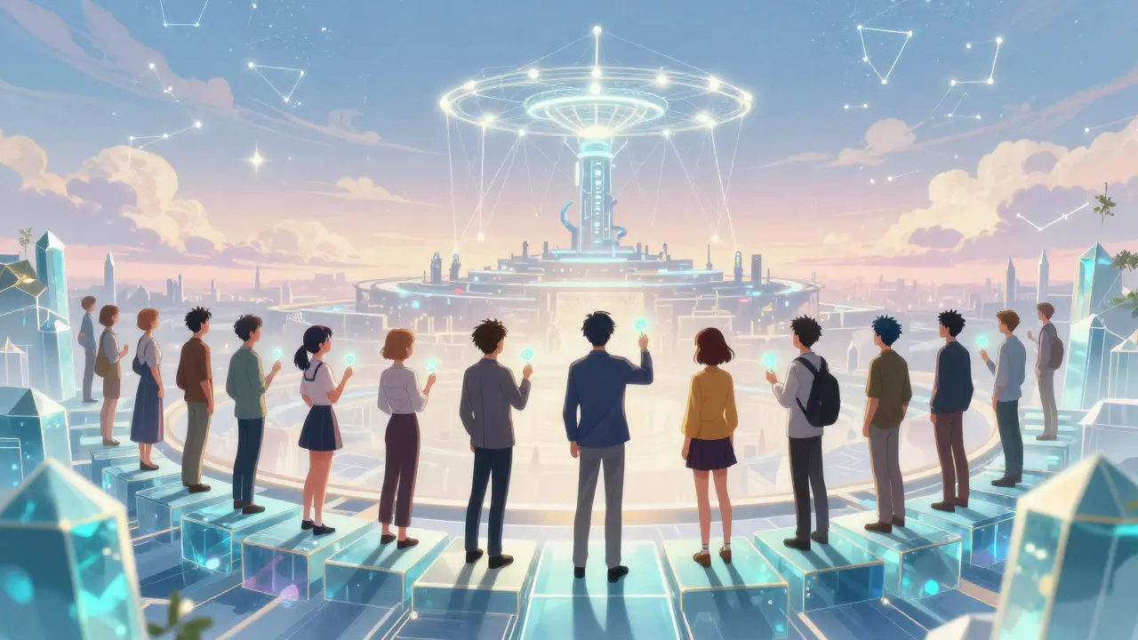 Anime group of people holding glowing tokens on a crystal data platform