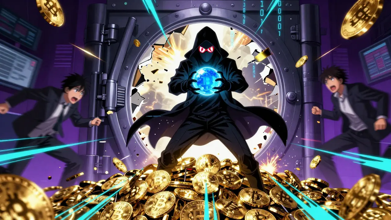 Anime hacker stealing crypto from a vault amidst glitch effects.
