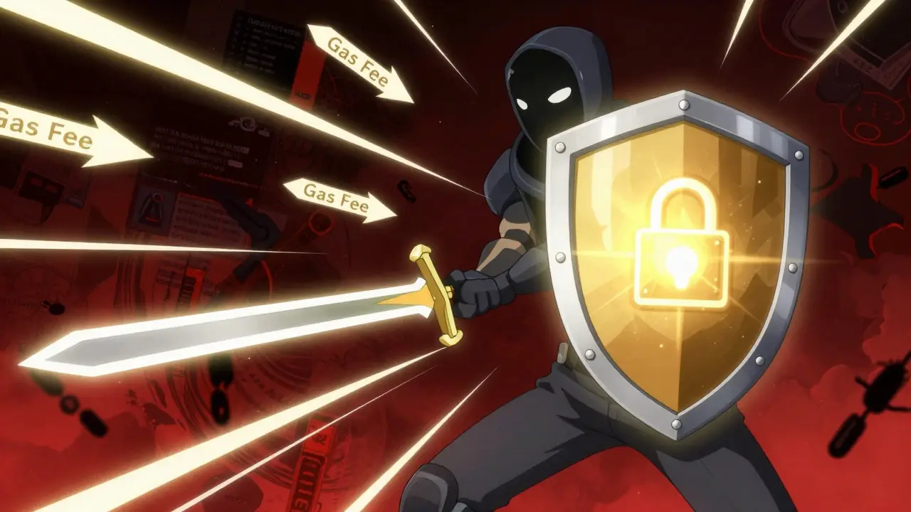 Anime hero defending a wallet shield against phishing attacks and scam traps in a storm.
