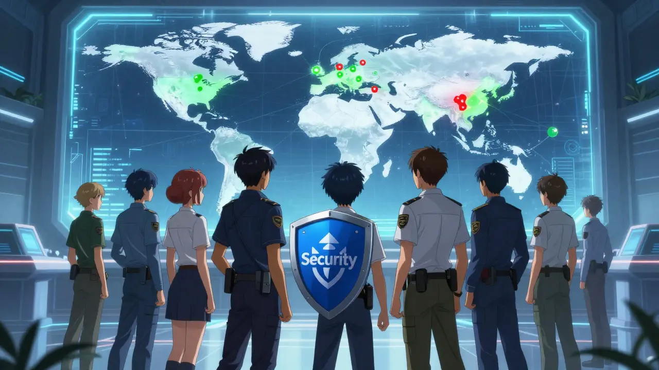 Anime heroes monitoring global cyber security in a futuristic center