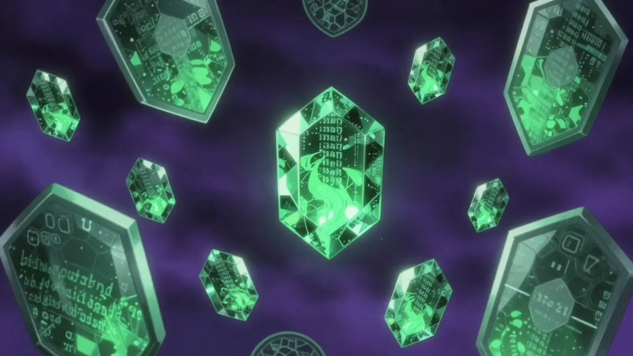 Anime illustration of satoshis with JSON inscriptions protected by blockchain shields.