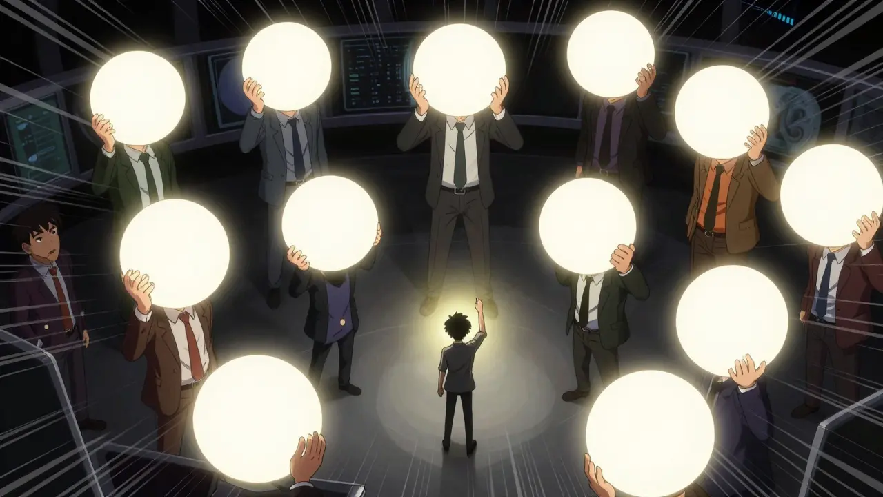 Anime illustration showing a small figure with a dim coin surrounded by larger figures
