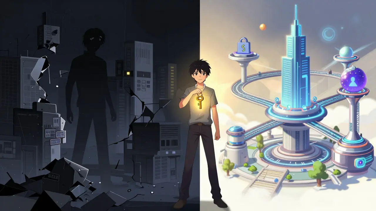 Anime scene contrasting a collapsing digital structure with a connected, thriving metaverse hub.
