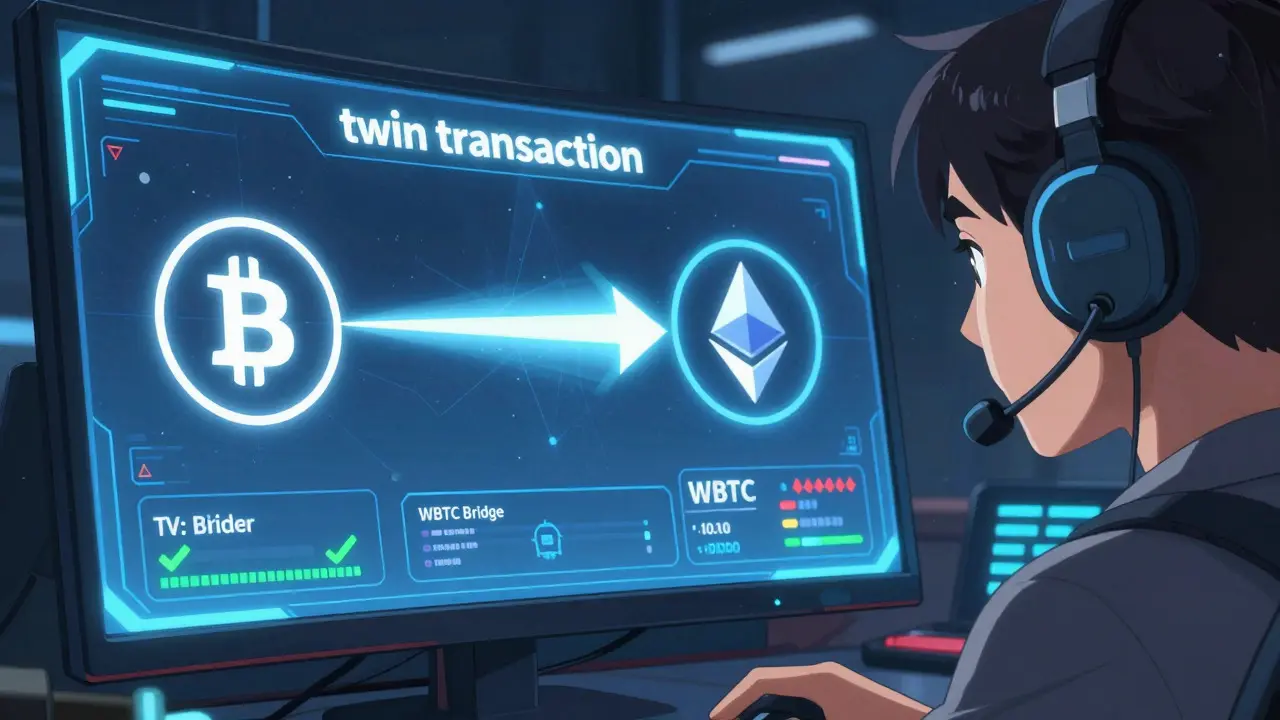 Anime scene of an analyst monitoring a screen displaying linked Bitcoin and Ethereum transactions with risk alerts.