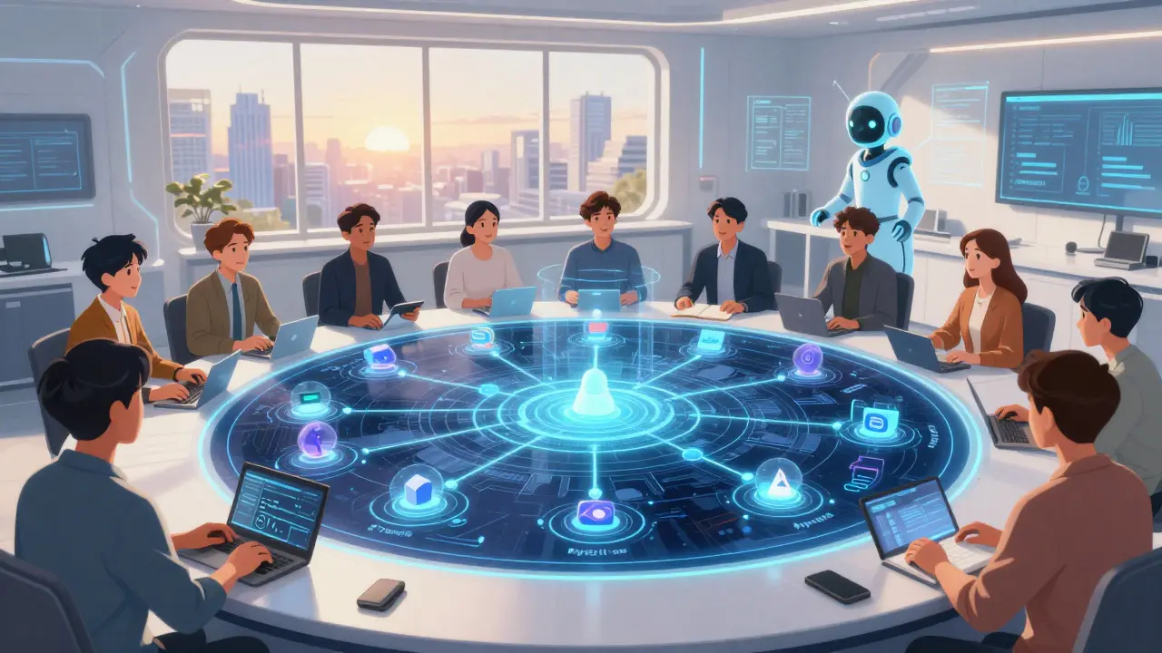 Anime scene of developers and AI analyzing a holographic network map in a futuristic lab