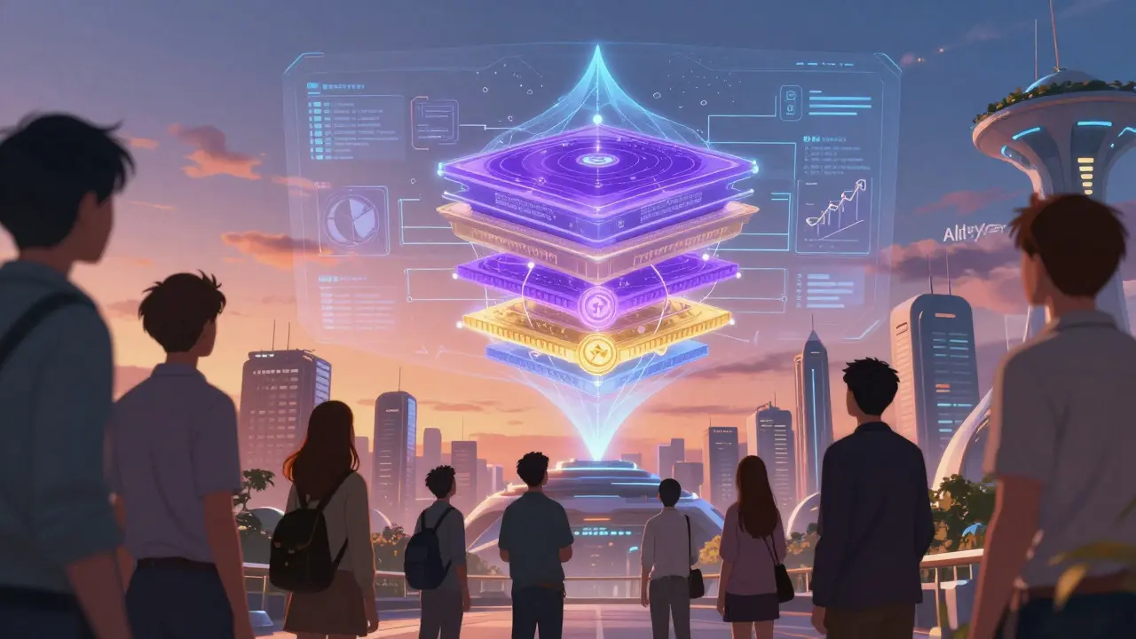 Anime scene of people viewing a large futuristic blockchain projection above a city