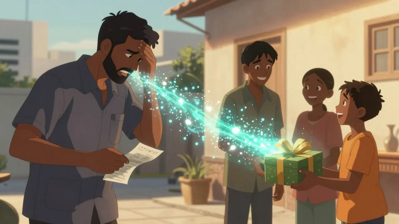 Anime split scene showing worker sending funds instantly to happy family abroad