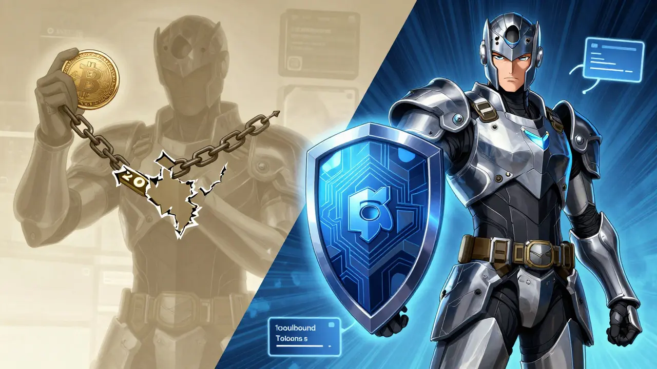 Anime split screen showing old ghostly token vs modern security warrior