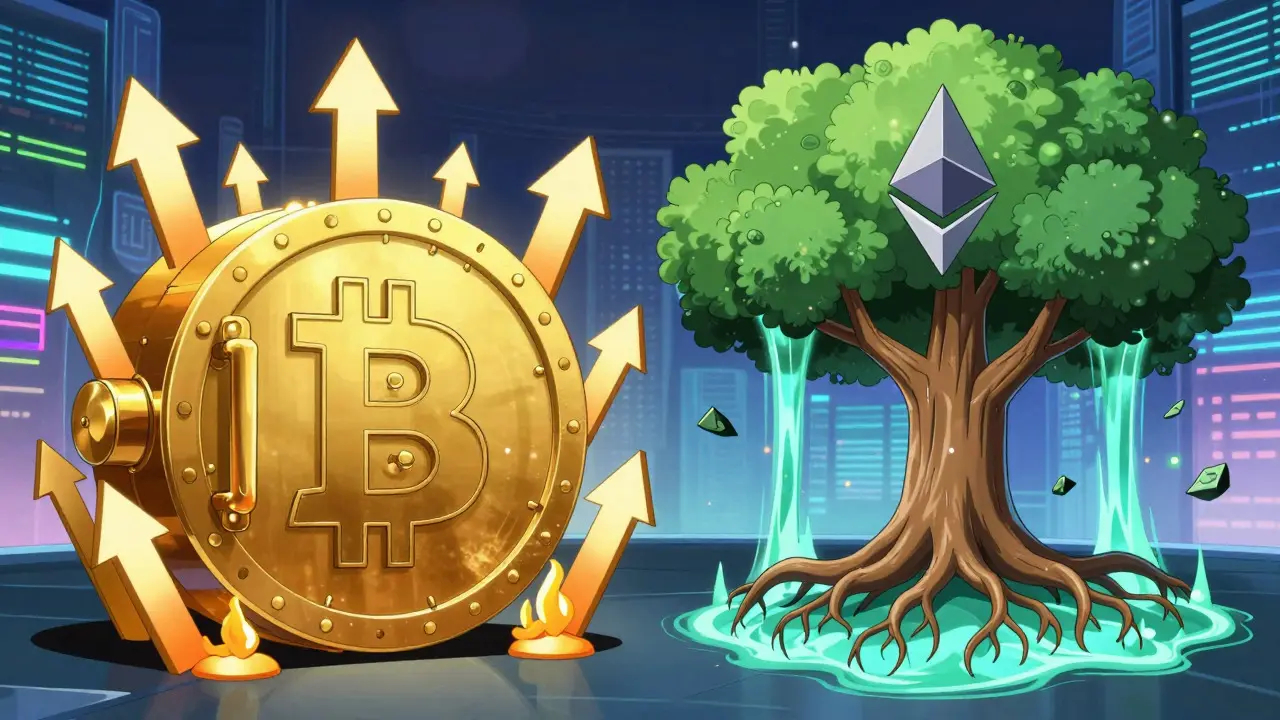 Anime style battle between Bitcoin scarcity and Ethereum flexibility