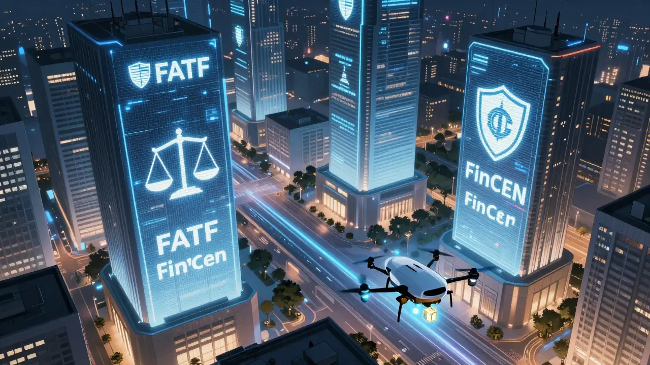 Anime view of a futuristic city with holographic compliance symbols and drones transporting secure digital assets.