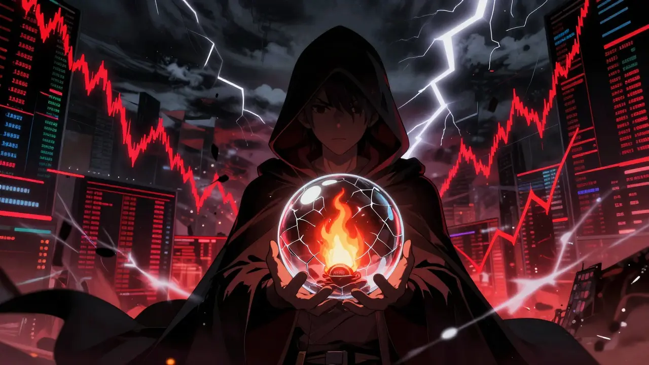 Character holding a fragile orb amidst chaotic market winds.
