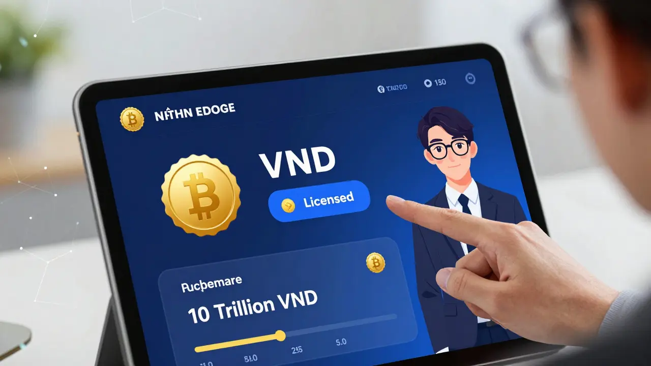 Close-up anime view of a licensed crypto exchange interface on a tablet, highlighting VND pairing and high capital requirements, with a professional character pointing to compliance badges.