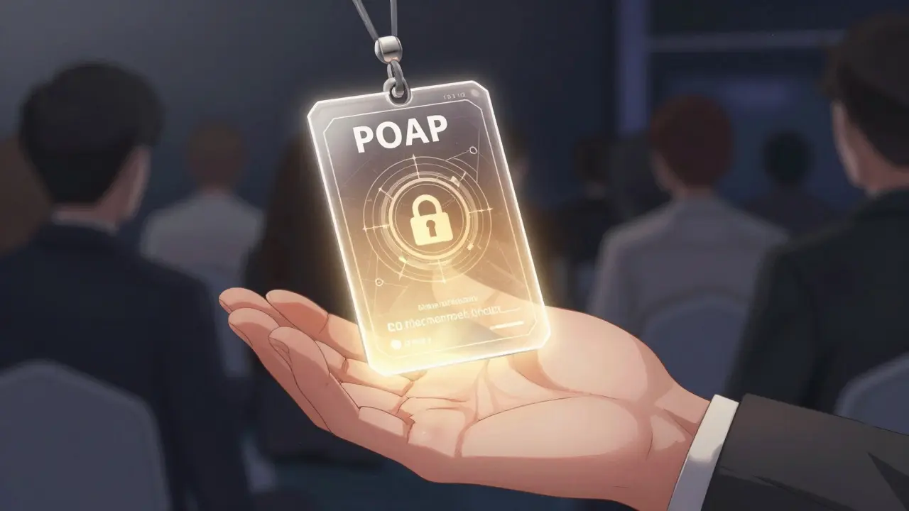 Close-up of a hand holding a glowing digital POAP token in anime style