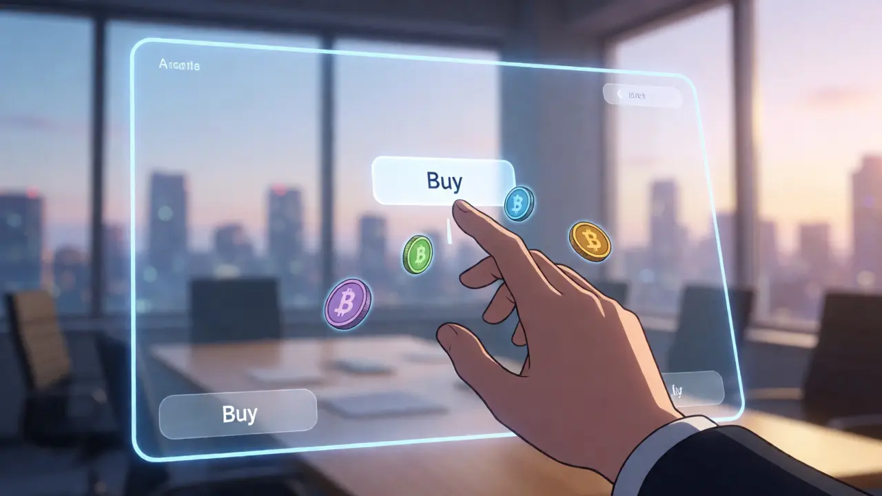 Close-up of a holographic crypto trading interface with animated coins