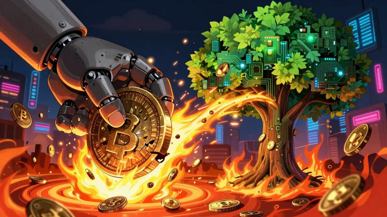 Conceptual anime art of a coin burning and transforming into a tech-tree
