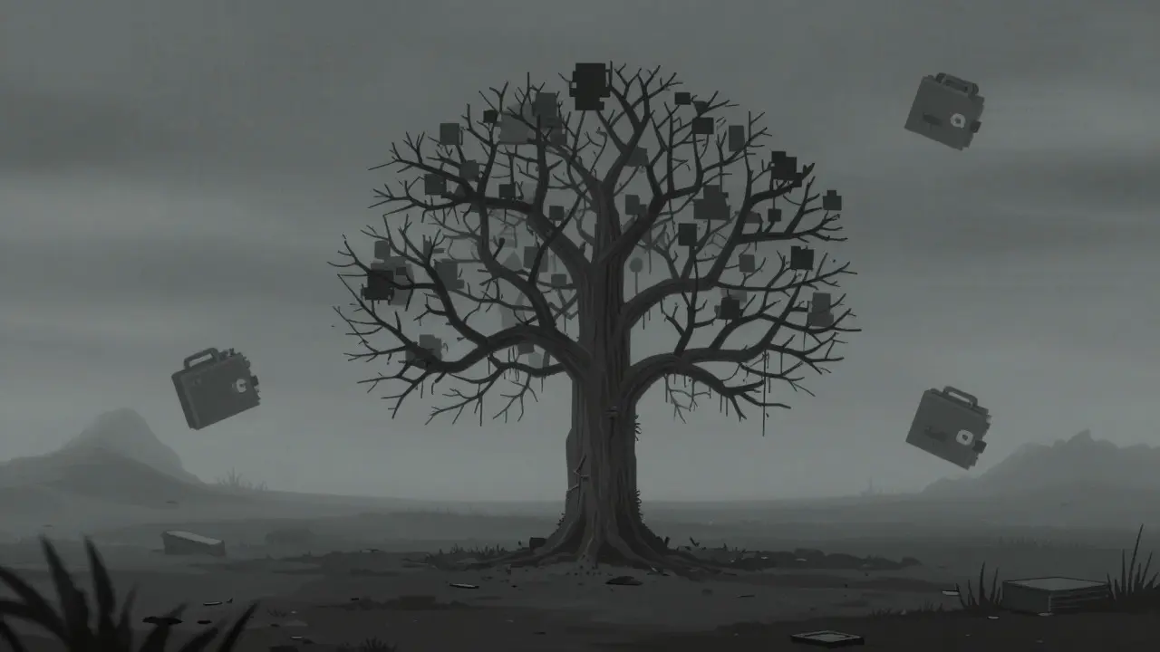 Desolate anime landscape with a withered digital tree symbolizing a dead crypto project.
