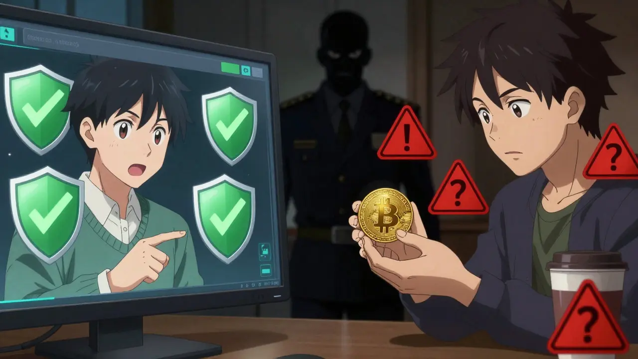Dramatic anime scene contrasting successful regulated trading on the left with restricted, complex crypto payments on the right, featuring warning signs and regulatory oversight.