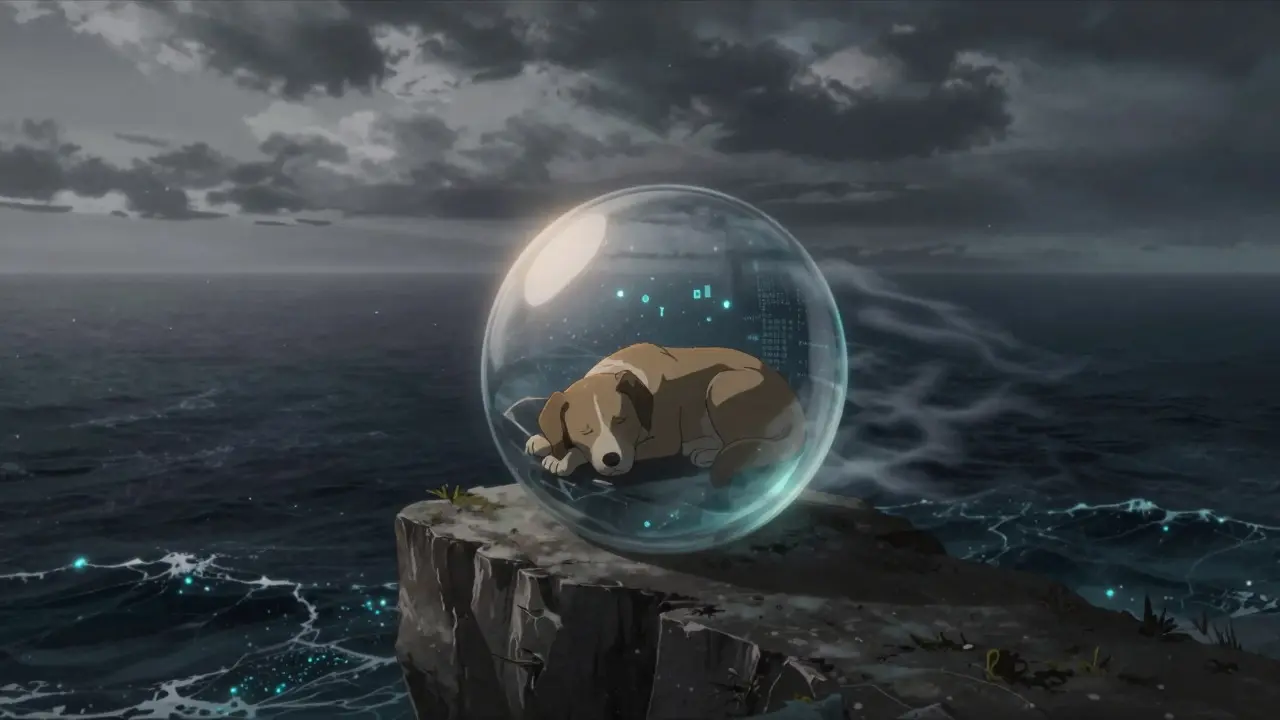 Fragile glass sphere with sleeping dog on a cliff edge overlooking a digital ocean