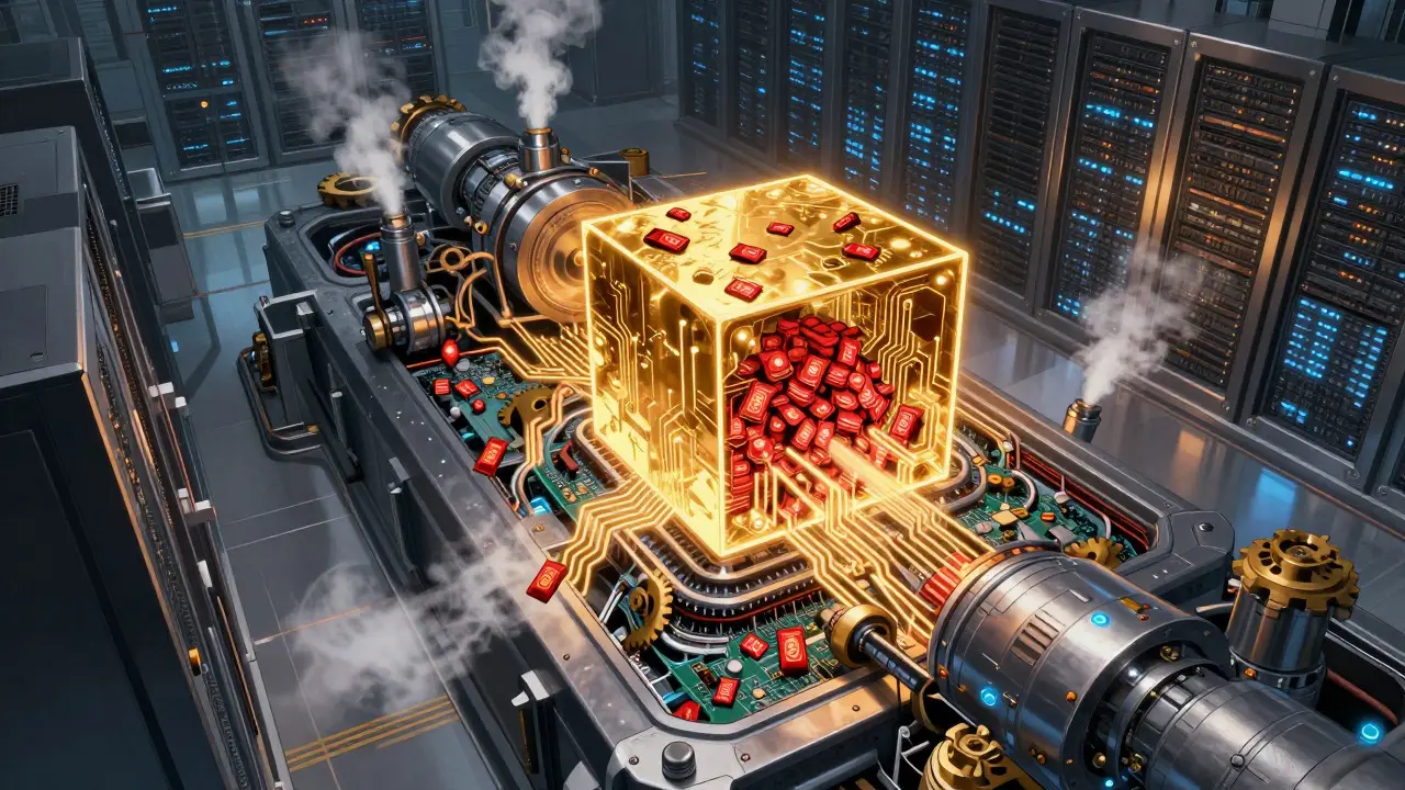 Futuristic machine compressing data packets into a golden cube in an anime server room